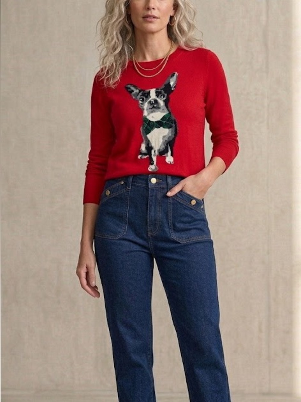 Talbots Womens Red Dog Intarsia Sweater